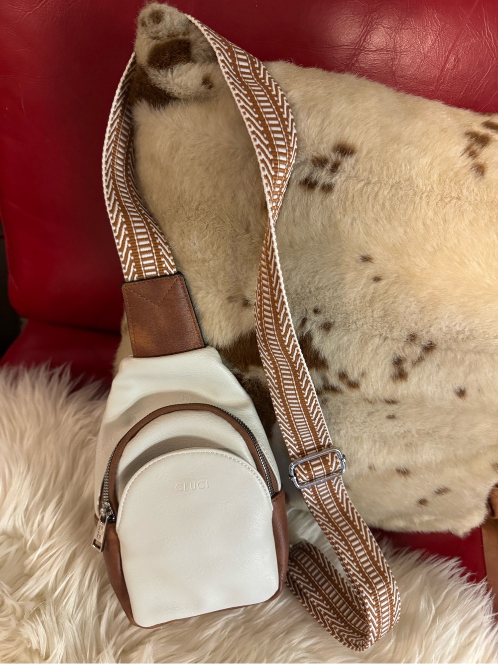 White and Brown Vegan Leather Crossbody Sling Bag - Designer Style